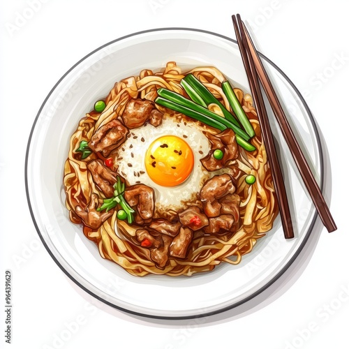 Cartoon 32-Bit Pad Woon Sen Stir-Fried Glass Noodles: Top View Illustration photo