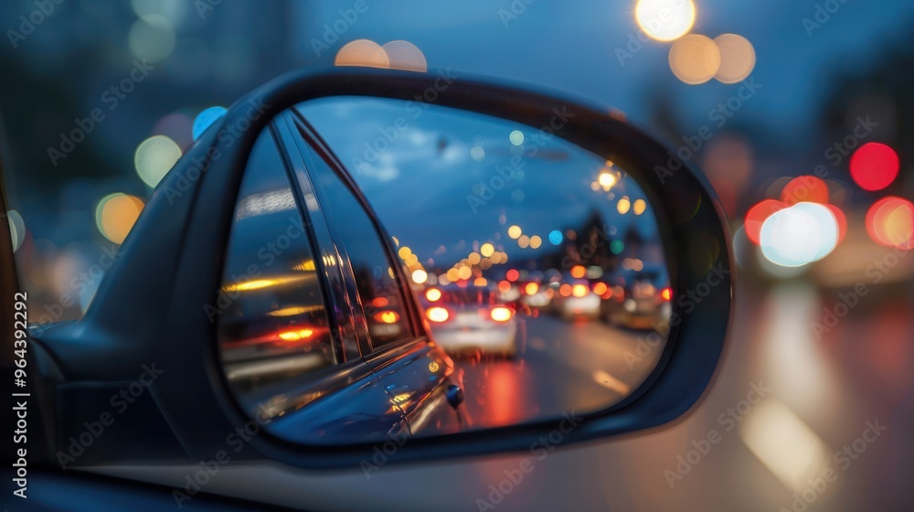 Evening traffic jam with cars headlights seen in rearview mirror. Concept Evening Traffic, Rearview Mirror, Car Headlights, Rush Hour, Urban Commute. Evening traffic jam with cars headlights seen in rearview mirror. Concept Evening Traffic, Rearview Mirror, Car Headlights, Rush Hour, Urban Commute.