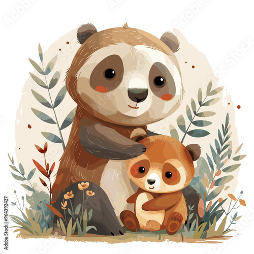 Cute cartoon vector illustration of a mother and her little baby bear