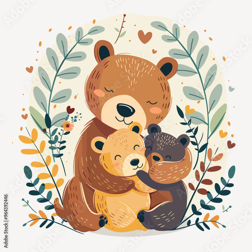 Vector illustration of a cute bear with a child on a background of leaves.