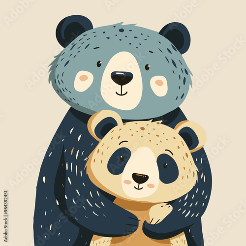 Cute cartoon vector illustration of a mother and her little baby bear