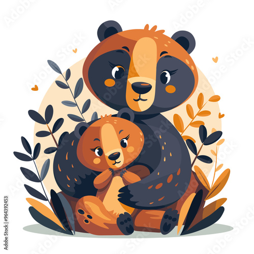 Vector illustration of a cute bear with a child on a background of leaves.