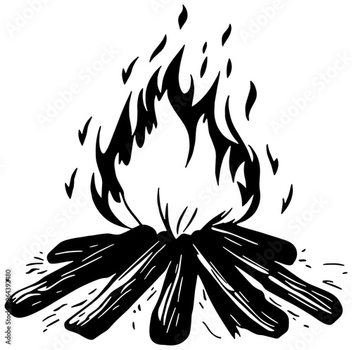 Illustration in black of a campfire with flames, isolated 