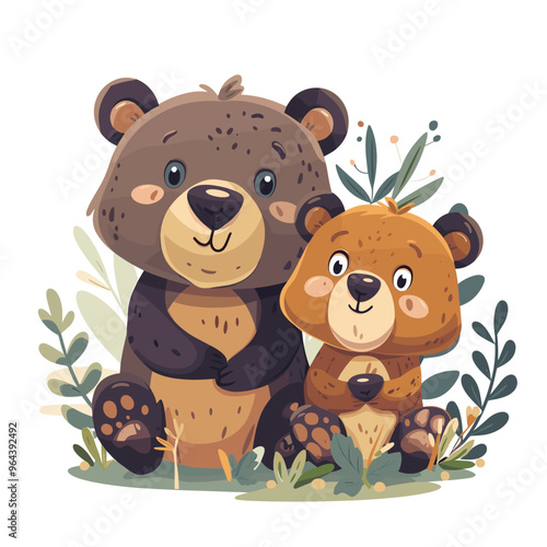 Vector illustration of a cute bear with a child on a background of leaves.
