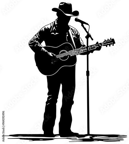 Silhouette of a male country western musician singing and playing the guitar, in black, isolated 