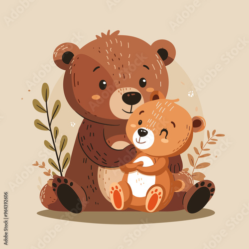Cute bear and teddy bear. Vector illustration in cartoon style.