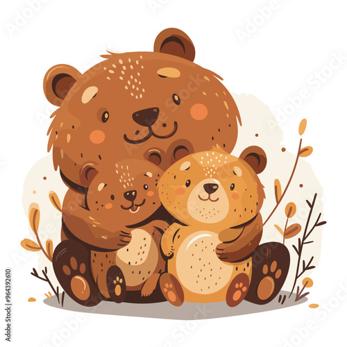 Cute bear family. Mother and Two little bear cubs. Vector illustration