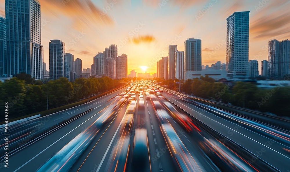 Fototapeta premium Light flow of traffic on a evening highway in a city with modern high buildings