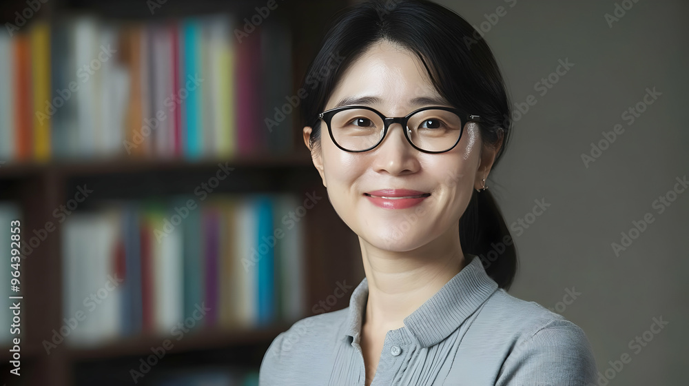 A Korean woman in her 30s, dressed as a teacher, smiling at the camera A Korean woman in her 30s, dressed as a teacher, smiling at the camera