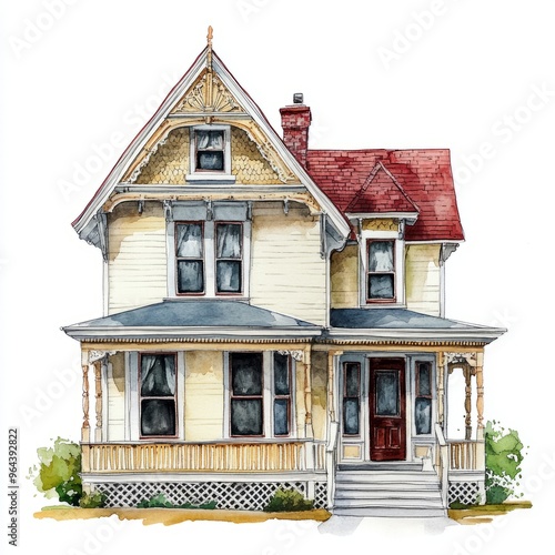 Watercolor Cottage: Neoclassical House Illustration on White Background