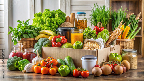 Fresh organic vegetables and fruits in a cardboard box on a wooden table