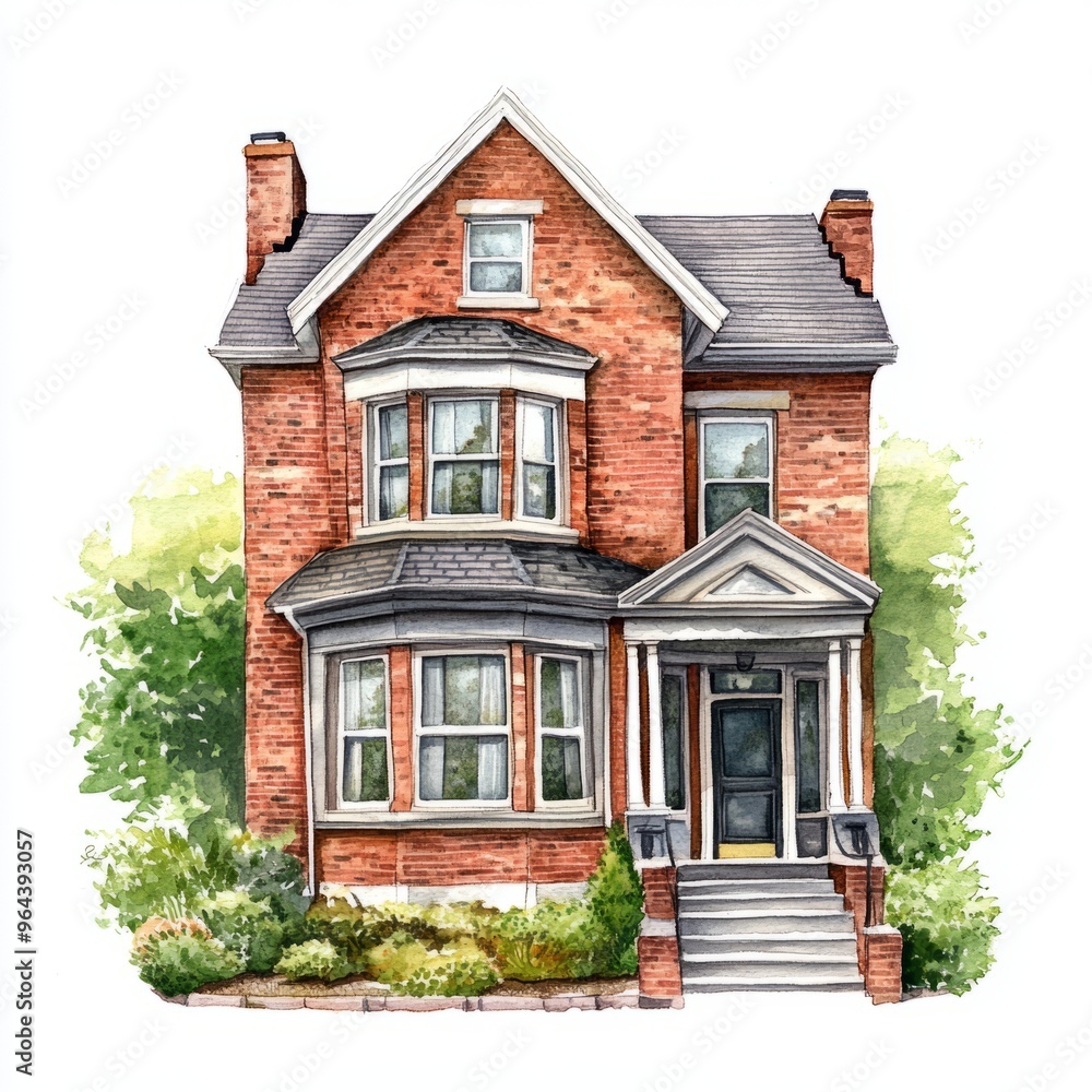 Obraz premium Watercolor Illustration: Duplex Georgian House on White Background 1