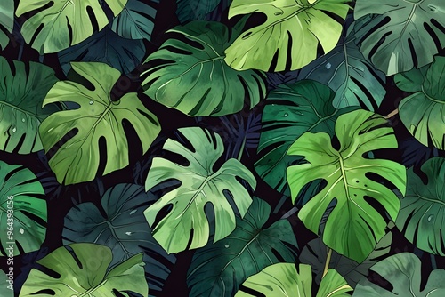Wallpaper Mural Seamless watercolor painting features overlapping dark green monstera leaves. creating a humid tropical atmosphere Great for lively designs Torontodigital.ca