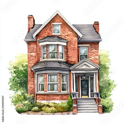 Watercolor Illustration: Duplex Georgian House on White Background 1