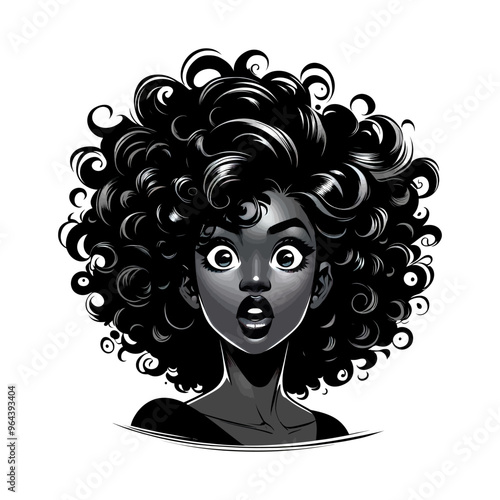 Black and white vector illustration of a surprised woman with voluminous curly hair and a shocked expression.