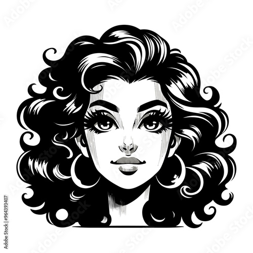 Black and white vector illustration of a glamorous woman with curly hair and an elegant, vintage-inspired style.