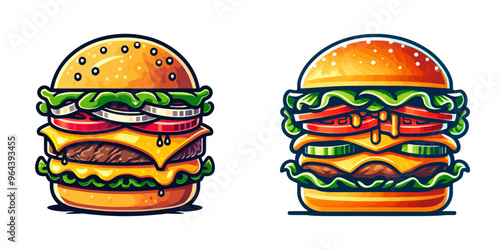 Vector illustration of two mouthwatering burgers loaded with cheese, lettuce, onions, and tomatoes in a vibrant cartoon style.