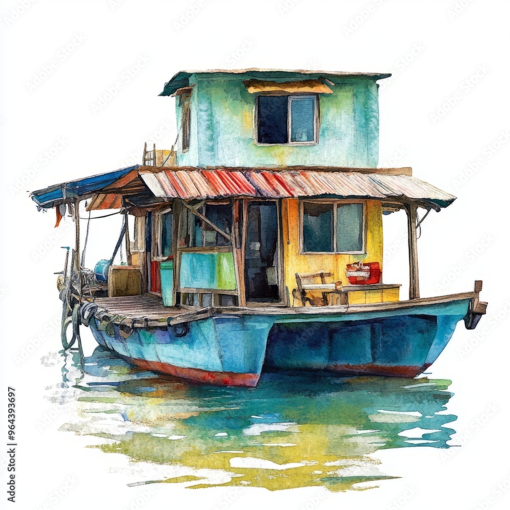 Watercolor Houseboat Beach Scene - Isolated on White Background 2 Watercolor Houseboat Beach Scene - Isolated on White Background 2