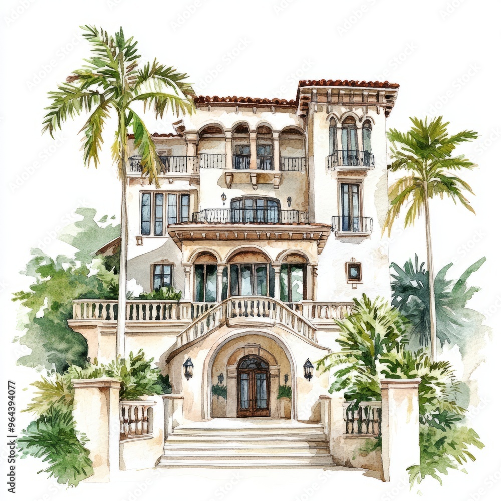 Naklejka premium Art Deco Mansion Watercolor Painting, Isolated on White Background 1