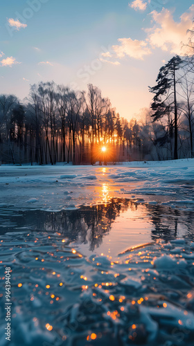 A frozen lake at sunset with a forest in the background