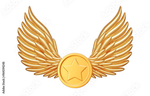 3d gold wing with coin star. Stock vector illustration on isolated background.