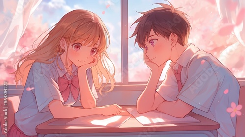 Romantic Anime Couple in Classroom Setting with Cherry Blossoms