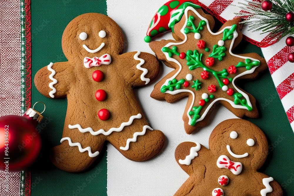Isolated Gingerbread Cookie with Icing on Festive Background Isolated Gingerbread Cookie with Icing on Festive Background
