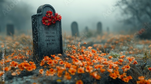 Gravestone with wilted flowers under a gray sky, [mourning], [quiet reflection in a cemetery], 3D illustration photo