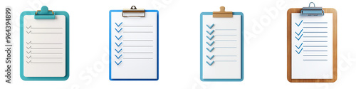 A collection of four clipboard designs showcasing various colors and styles, ideal for organizing notes and tasks. isolated on a transparent background