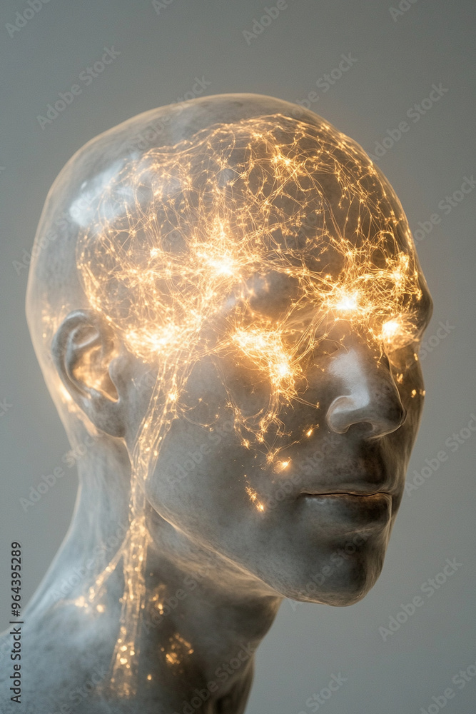 Obraz premium an x-ray of an entire head with visible lit up neurons in the brain on a light background 