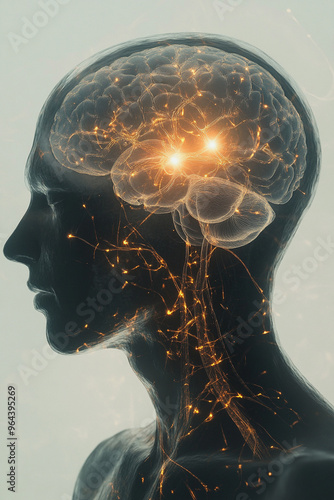 an x-ray of an entire head with visible lit up neurons in the brain on a light background