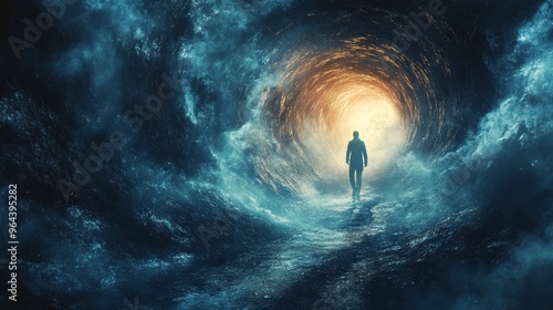 Fototapeta Naklejka Na Ścianę i Meble -  A figure walking into a tunnel where light fades into darkness, [uncertainty], [unknown future], 3D illustration
