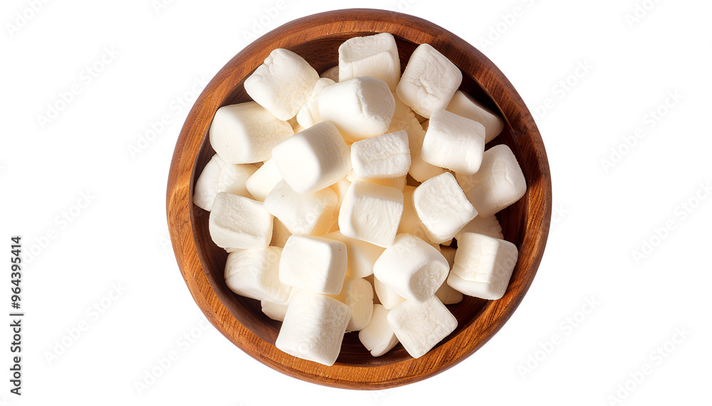 Marshmallow in wooden bowl isolated on white background with clipping path and full depth of field. Top view. Flat lay Marshmallow in wooden bowl isolated on white background with clipping path and full depth of field. Top view. Flat lay