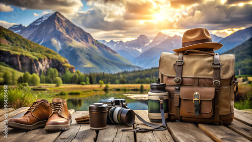 Outdoor adventure equipment with backpack, boots, and camera during sunrise in mountains photo