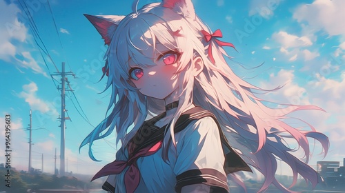 Mystical Anime Girl with Cat Ears Under Blue Sky photo