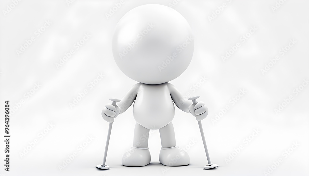 Glossy humanoid character holding ski poles, presented in a sleek 3D rendering on a plain white background. Glossy humanoid character holding ski poles, presented in a sleek 3D rendering on a plain white background.