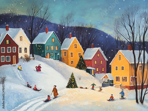 create a colorful, painterly christmas scene of a New England town on a hill at dusk inspired by edward 