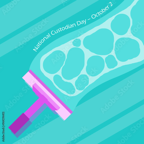 National Custodian Day on October 2nd. A wiper tool for cleaning mirrors on light turquoise background.