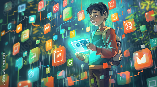 Slavic child holding a tablet, surrounded by glowing icons of AI-powered apps like Socratic, Khan Academy, DALL-E 2, and Grammarly.м photo