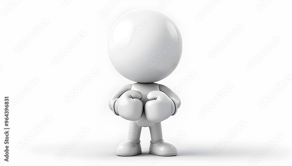 Glossy humanoid character holding bright red boxing gloves, centered in a 3D rendering on a smooth white background. Glossy humanoid character holding bright red boxing gloves, centered in a 3D rendering on a smooth white background.