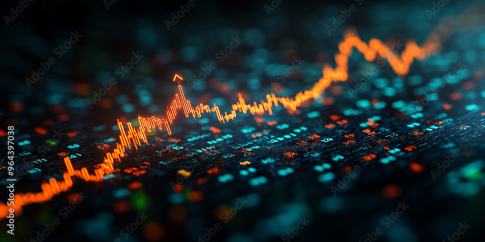 green arrow pointing upwards on the background of technical analysis chart, black background green arrow pointing upwards on the background of technical analysis chart, black background