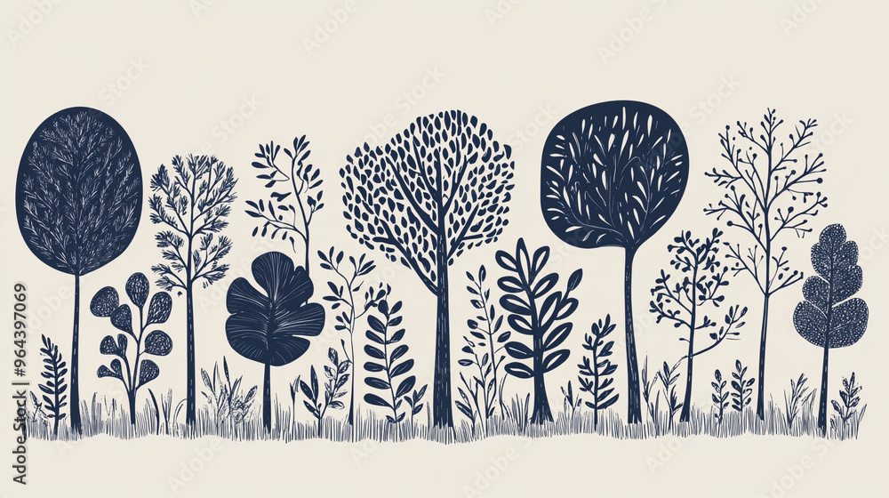 Naklejka premium hand drawn vector illustration of trees and leaves, navy biack ink on light grey background