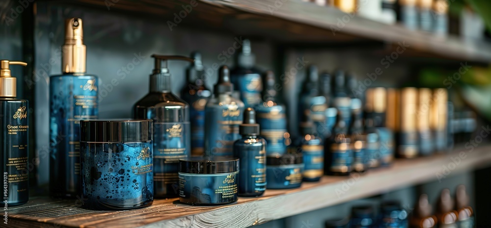 A variety of blue and gold bottles and jars of beauty products are arranged on a wooden shelf. The products are all from the same brand, and they feature a variety of different packaging designs. A variety of blue and gold bottles and jars of beauty products are arranged on a wooden shelf. The products are all from the same brand, and they feature a variety of different packaging designs.