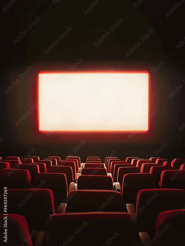 A glowing large screen in the center of the picture, with a row of red seats in front of the screen A glowing large screen in the center of the picture, with a row of red seats in front of the screen