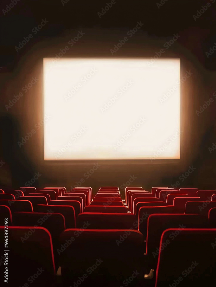 Fototapeta premium A glowing large screen in the center of the picture, with a row of red seats in front of the screen