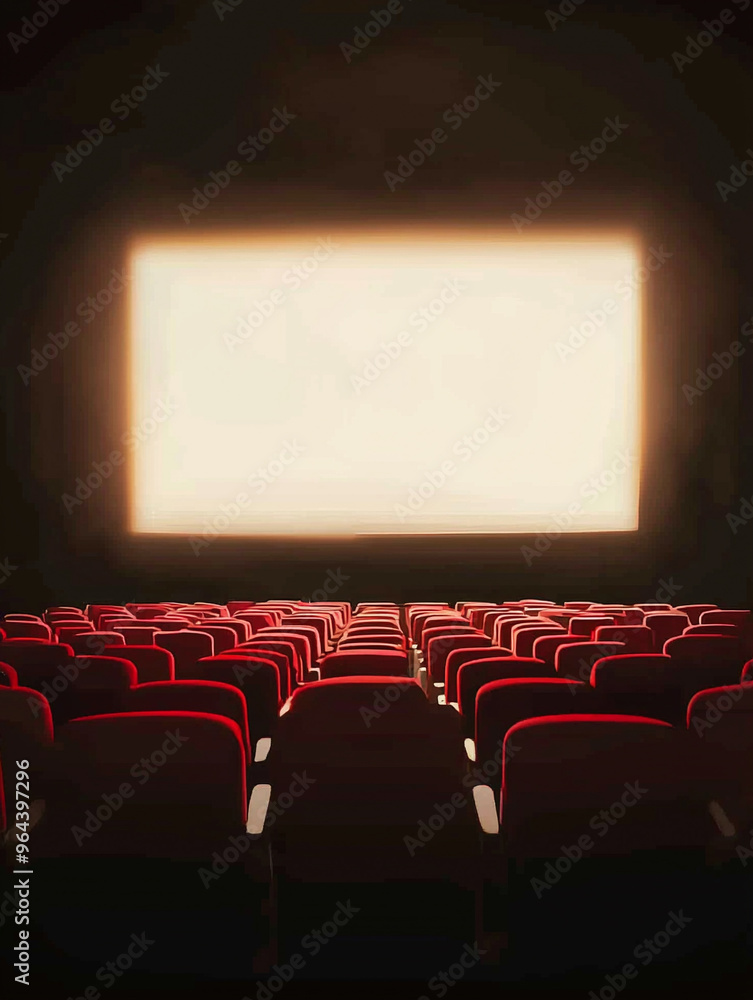 A glowing large screen in the center of the picture, with a row of red seats in front of the screen A glowing large screen in the center of the picture, with a row of red seats in front of the screen