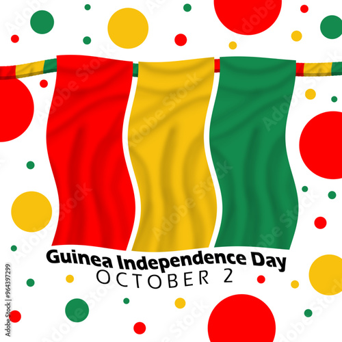 Guinea Independence Day on October 2nd. Guinean flag flying with colorful dots decoration on white background.