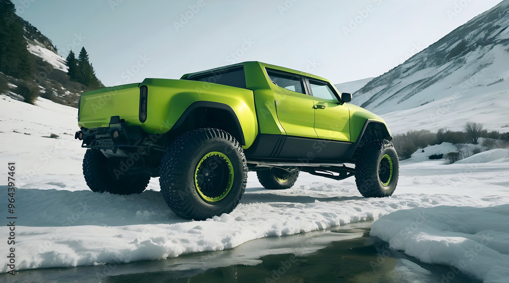 Modern green off road vehicle driving trough snow on mountain at winter, auto adventure concept, automotive background, action wallpaper