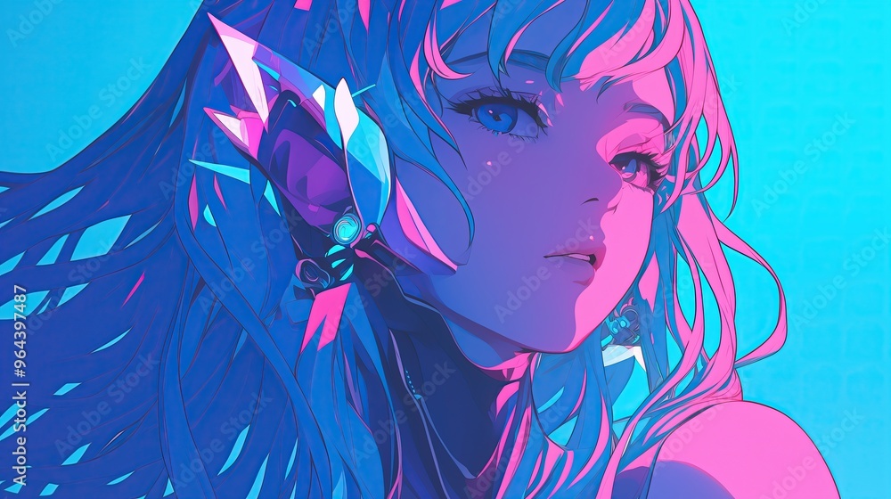 Colorful Synthwave Anime Girl with Lofi Aesthetic Background Colorful Synthwave Anime Girl with Lofi Aesthetic Background