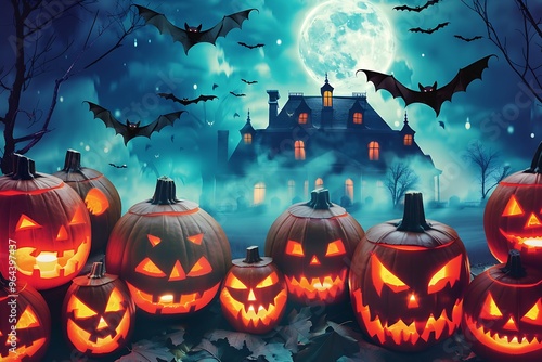 A group of Jack-o-lanterns with creepy faces, arranged in front of a spooky haunted mansion, bats flying by the bright full moon,